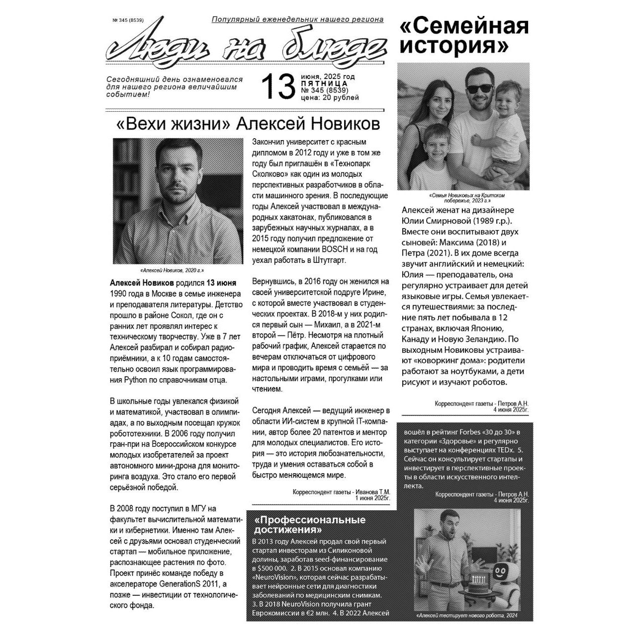 Тот же макет полосы, но в чёрно-белом исполнении: снимки в полутоне, заголовки чёрные