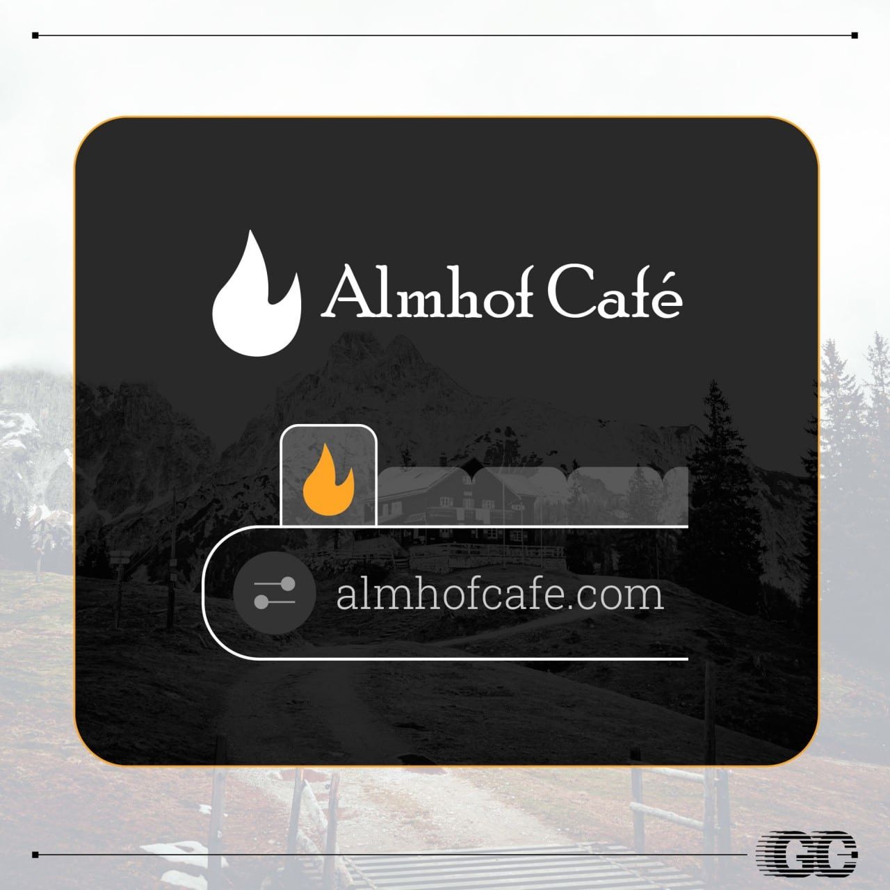 Тёмная карточка: знак Almhof Café, иконка с оранжевым пламенем и адрес almhofcafe.com
