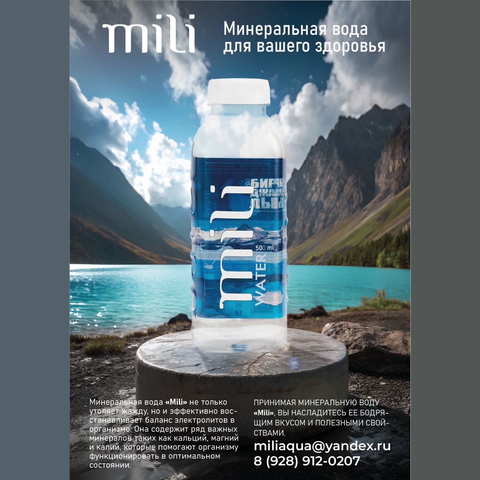 Листовка формата А4: бутылка «mili» с крупной вертикальной этикеткой на подставке у горного озера