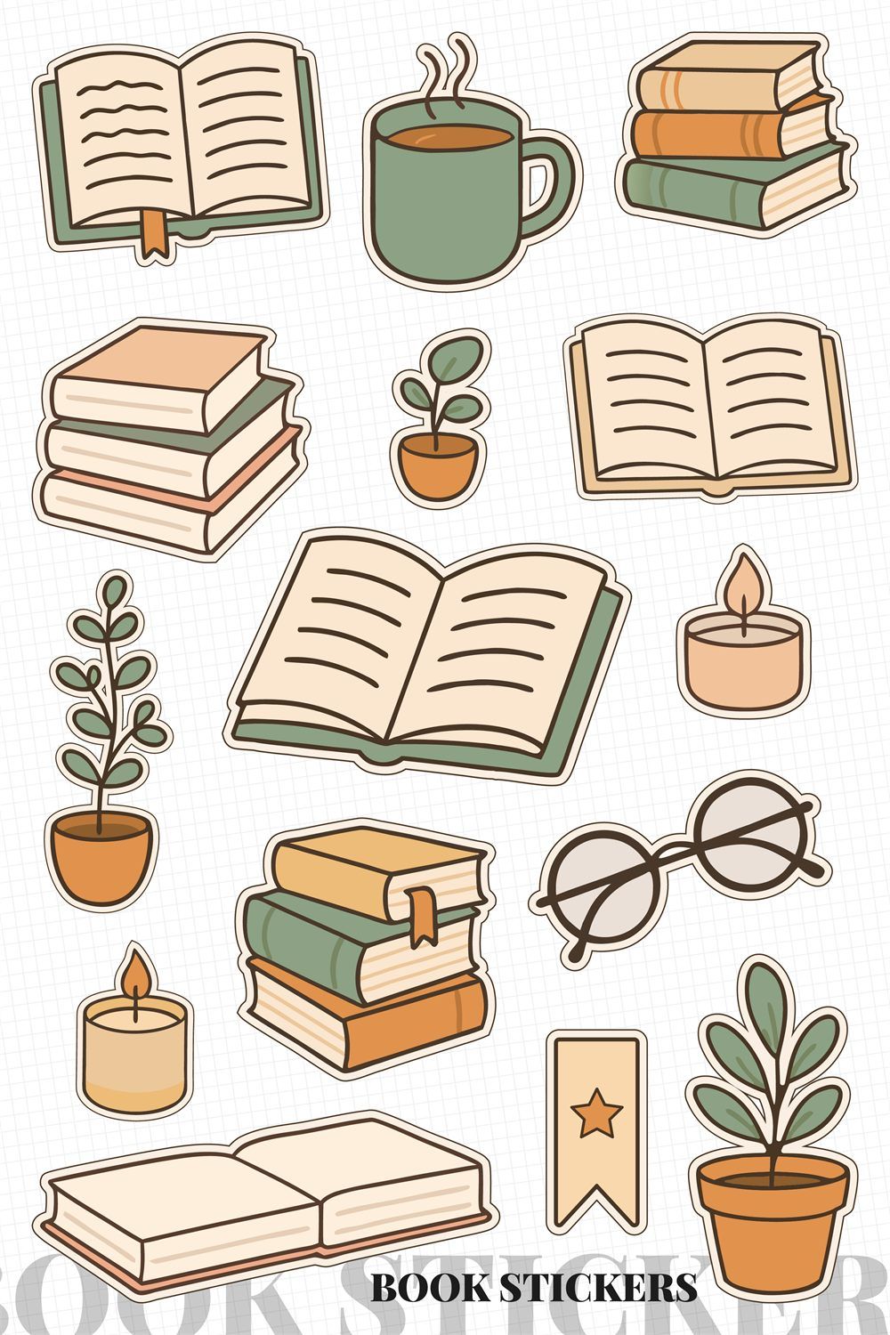 Книжный стикерпак: открытые книги, стопки книг, кружка кофе, растения в горшках, свеча, очки и закладка со звездой