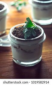 yoghurt with nuts and grated chocolate in small glass jars on a wooden background