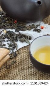 Top view tea set a wooden table for tea ceremony background