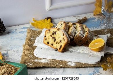 Slices of homemade raisin cake. Raisin bread cake. Breakfast concept. Rustic style.