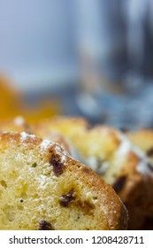 Slices of homemade raisin cake. Raisin bread cake. Breakfast concept. Rustic style. macro.