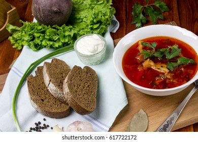 ukrainian on russian beetroot soup borscht on napkin on wooden background 