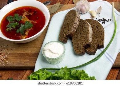 ukrainian on russian beetroot soup borscht on napkin on wooden background