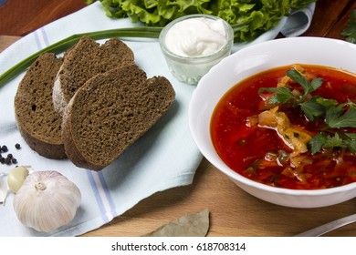 ukrainian on russian beetroot soup borscht on napkin on wooden background 
