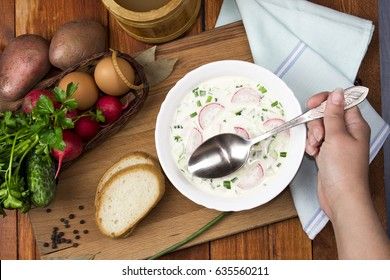 Cold soup with whey and white bread, okroshka