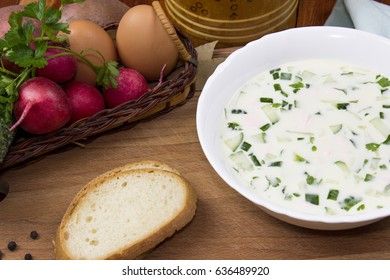 Cold soup with whey and white bread, okroshka